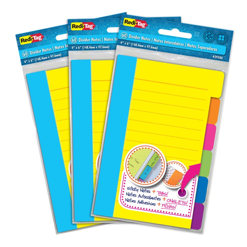 Redi-Tag Divider Sticky Notes, Tabbed Self-Stick Lined Notepads, 180 Ruled Notes, 4" x 6", 3 Books Per Pack, Assorted Colors (B10245) - Image 1